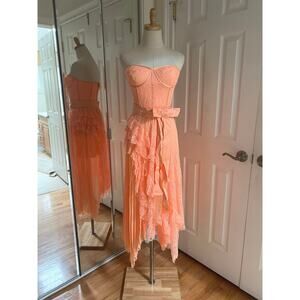 Alice + Olivia Peach Bree Ruffle Lace Pleated Midi Bustier Dress